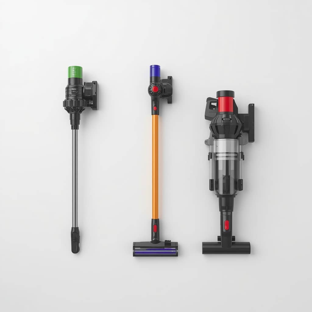 Three different types of vacuum cleaners on a flat lay product photography setup